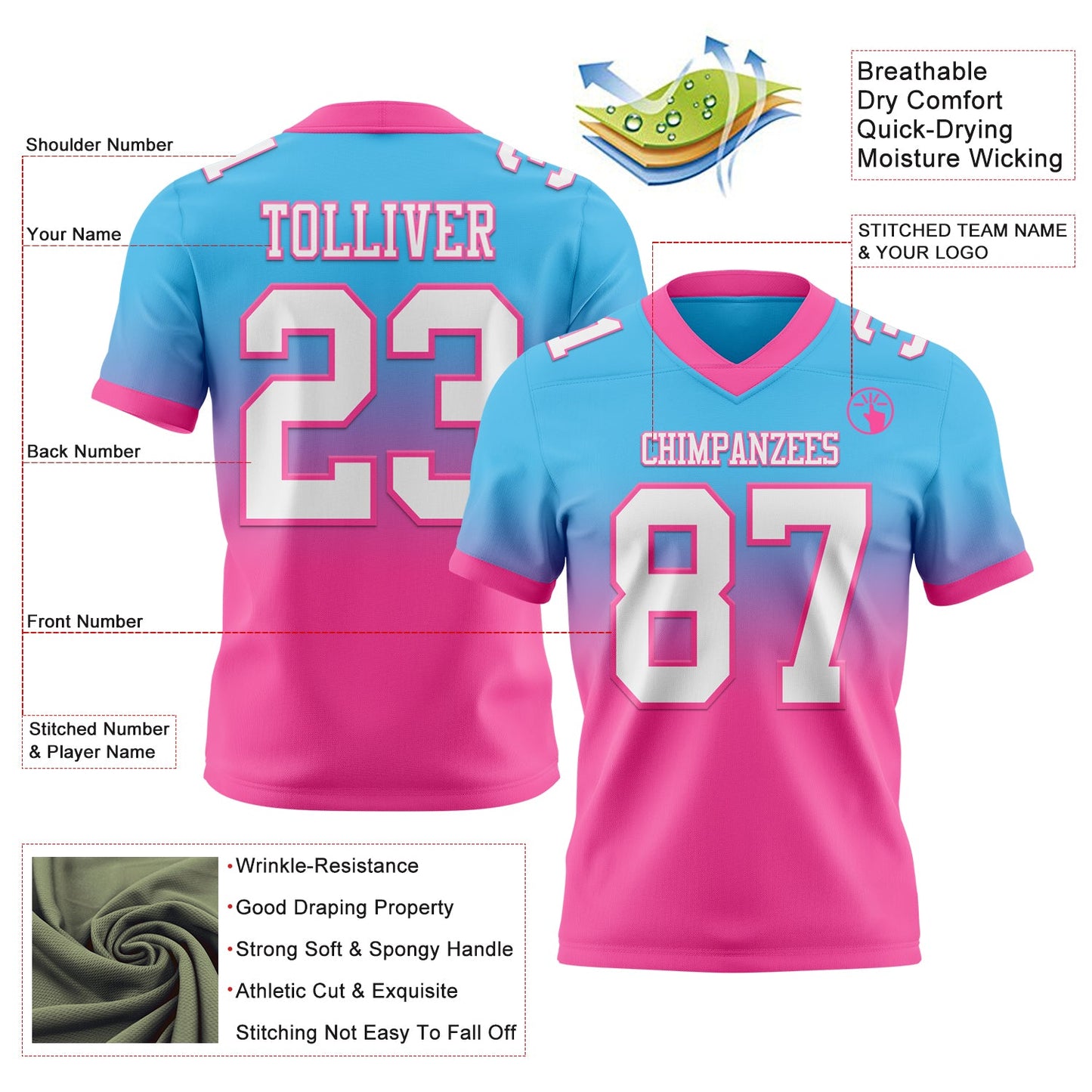 Custom Sky Blue White-Pink Mesh Authentic Fade Fashion Football Jersey - Sky-Custom