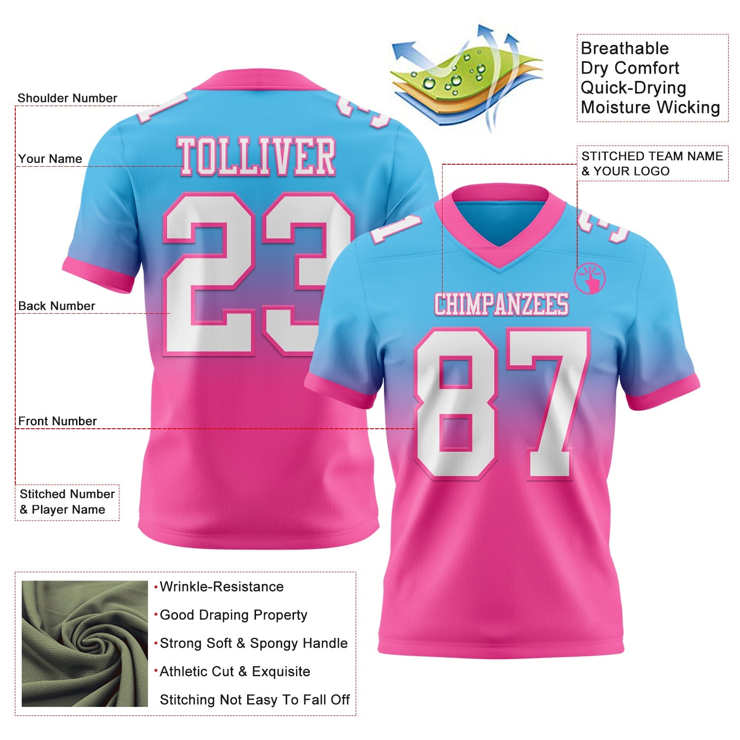 Custom Sky Blue White-Pink Mesh Authentic Fade Fashion Football Jersey - Sky-Custom