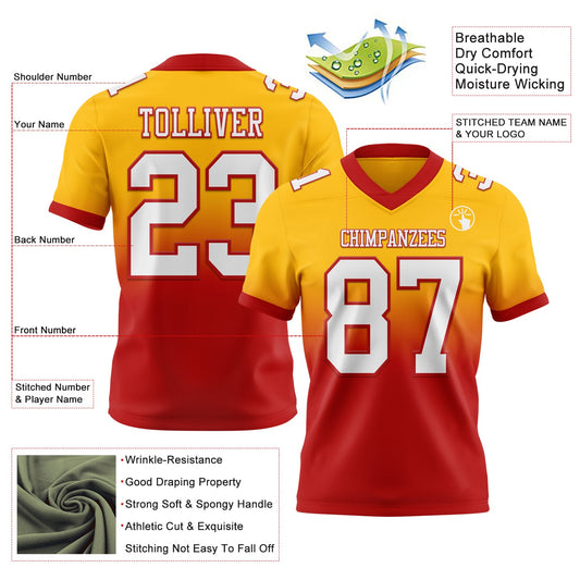 Custom Gold White-Red Mesh Authentic Fade Fashion Football Jersey - Sky-Custom