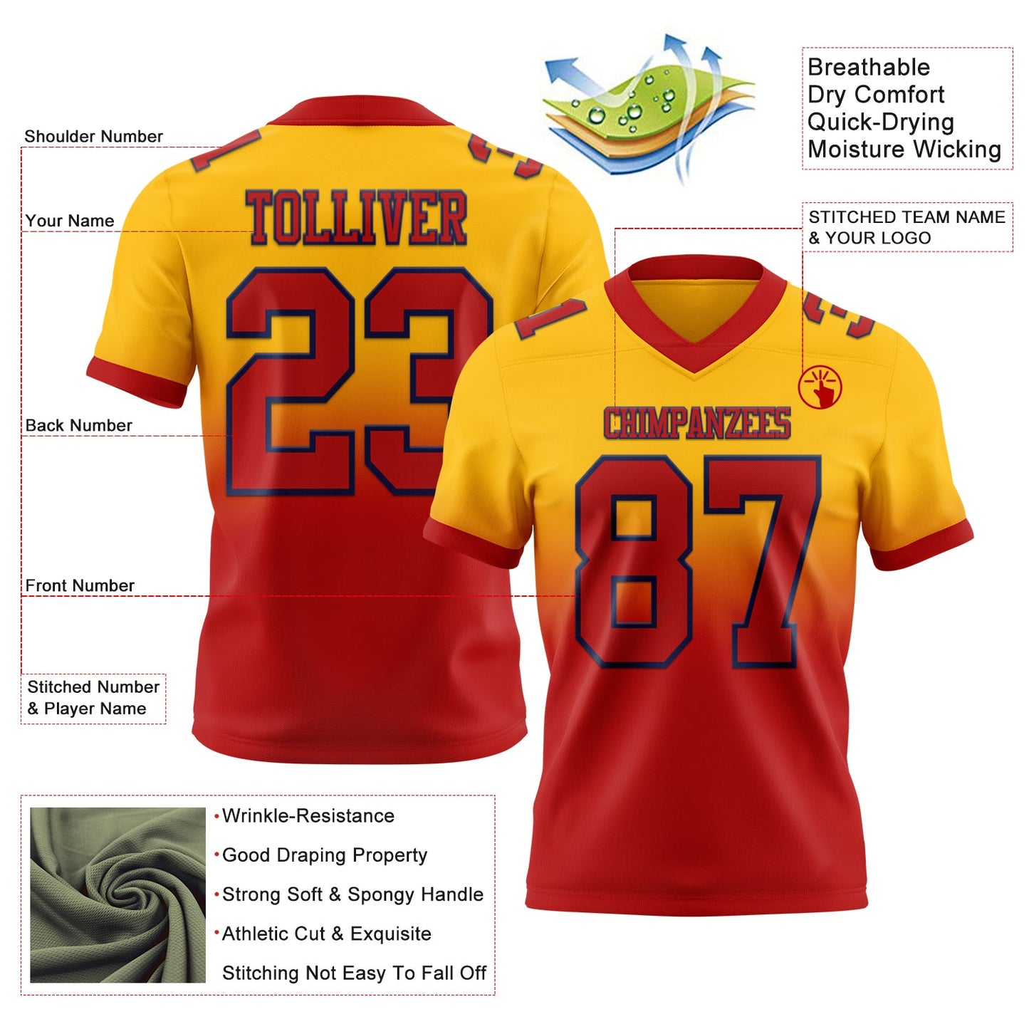 Custom Gold Red-Navy Mesh Authentic Fade Fashion Football Jersey - Sky-Custom