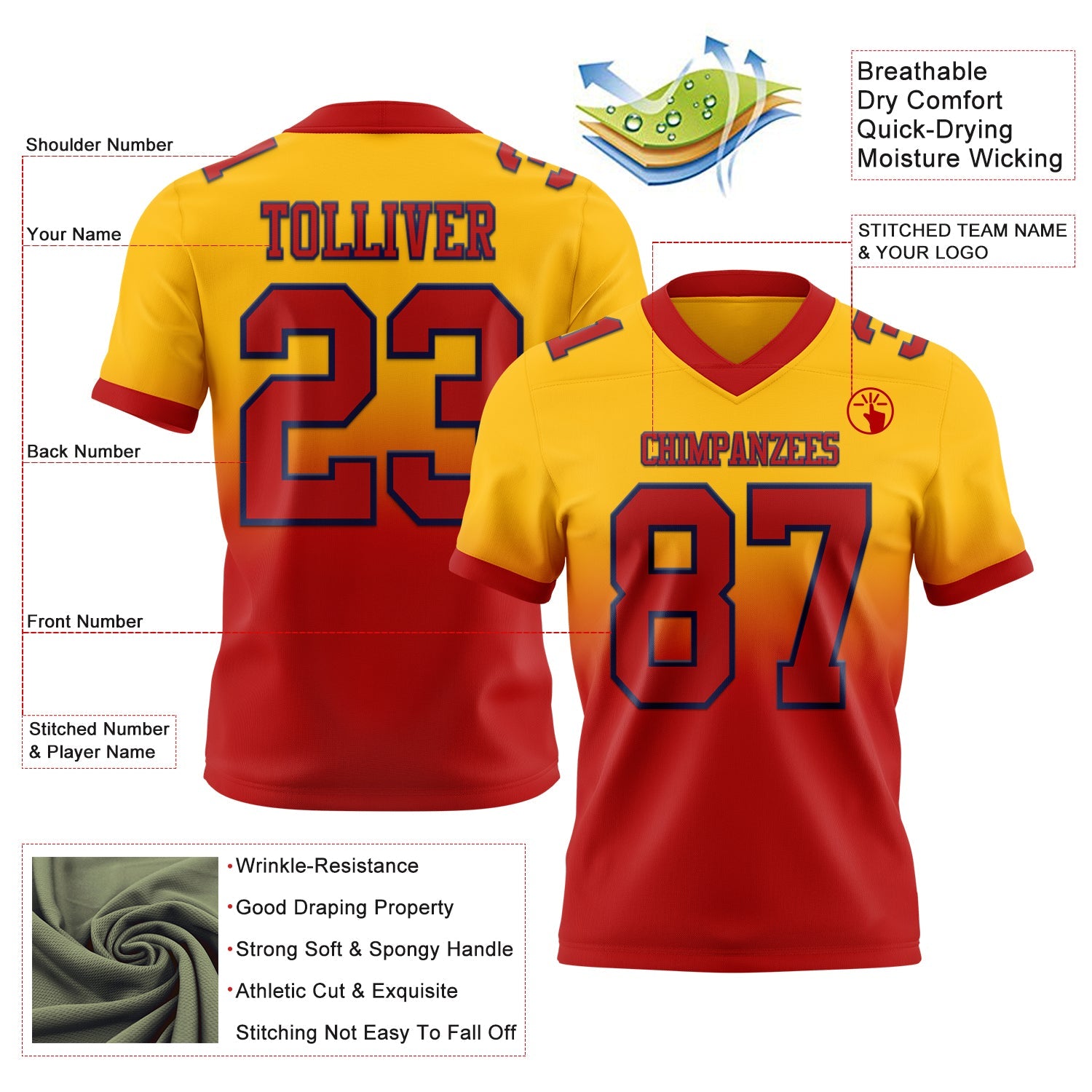 Custom Gold Red-Navy Mesh Authentic Fade Fashion Football Jersey - Sky-Custom