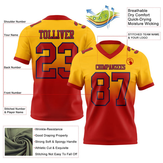 Custom Gold Red-Navy Mesh Authentic Fade Fashion Football Jersey - Sky-Custom