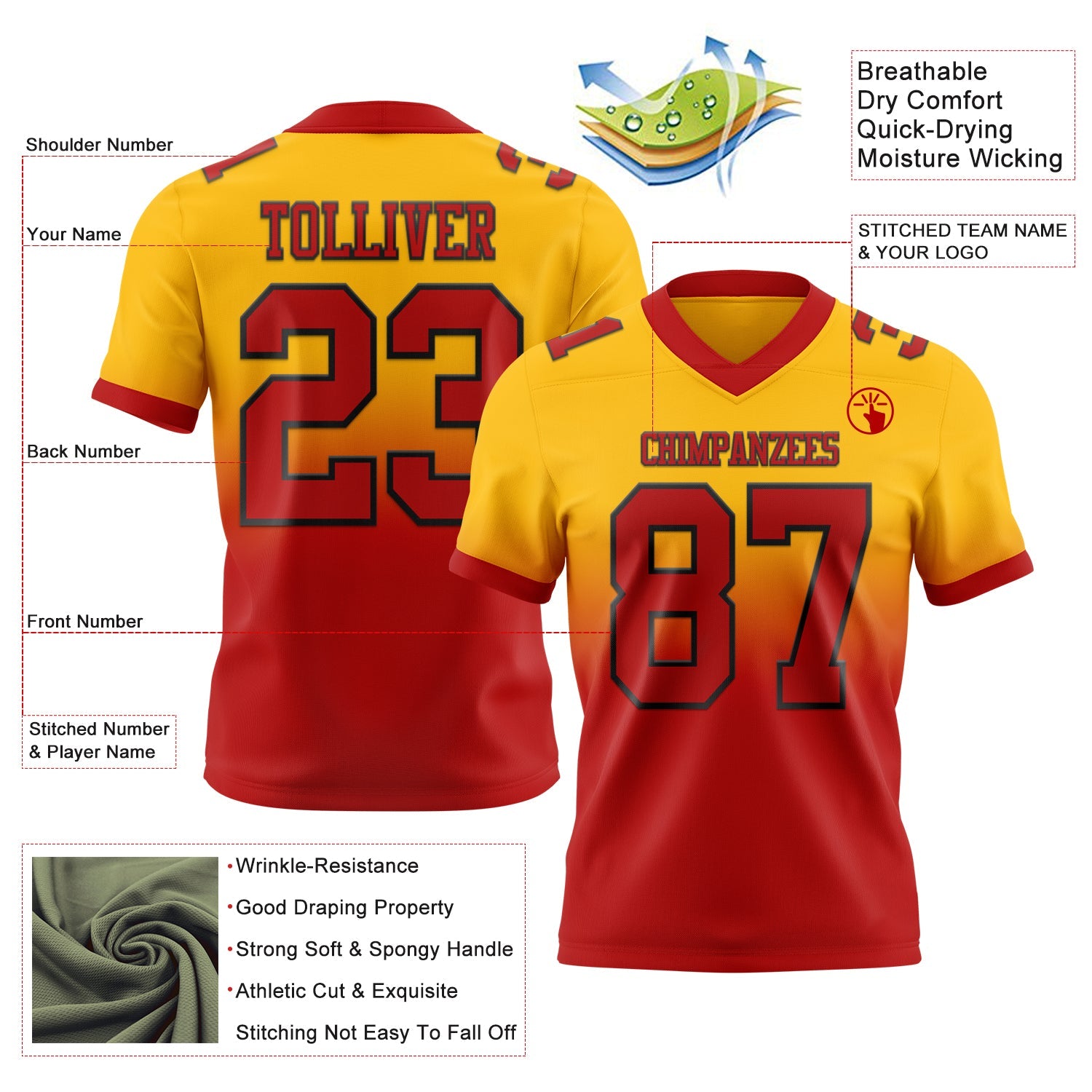 Custom Gold Red-Black Mesh Authentic Fade Fashion Football Jersey - Sky-Custom