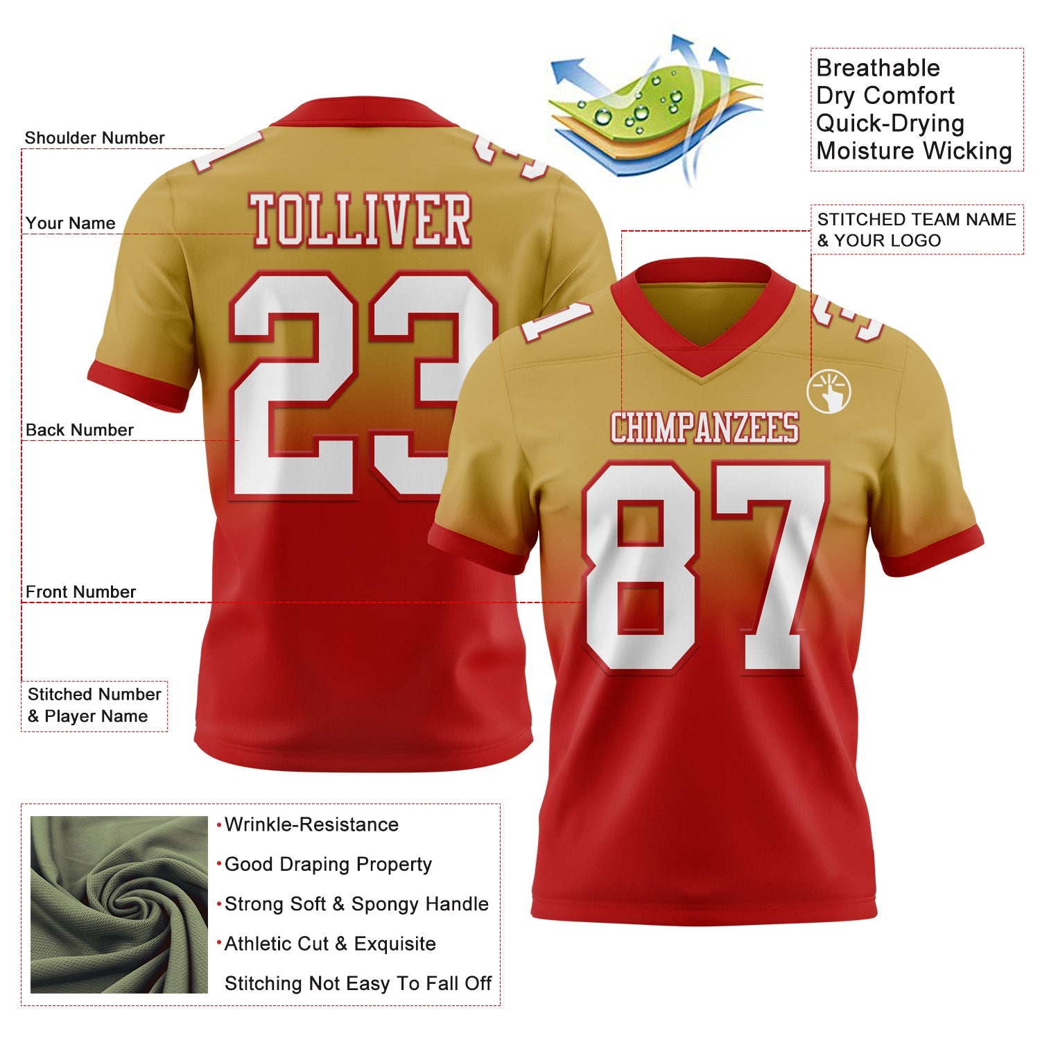 Custom Old Gold White-Red Mesh Authentic Fade Fashion Football Jersey - Sky-Custom