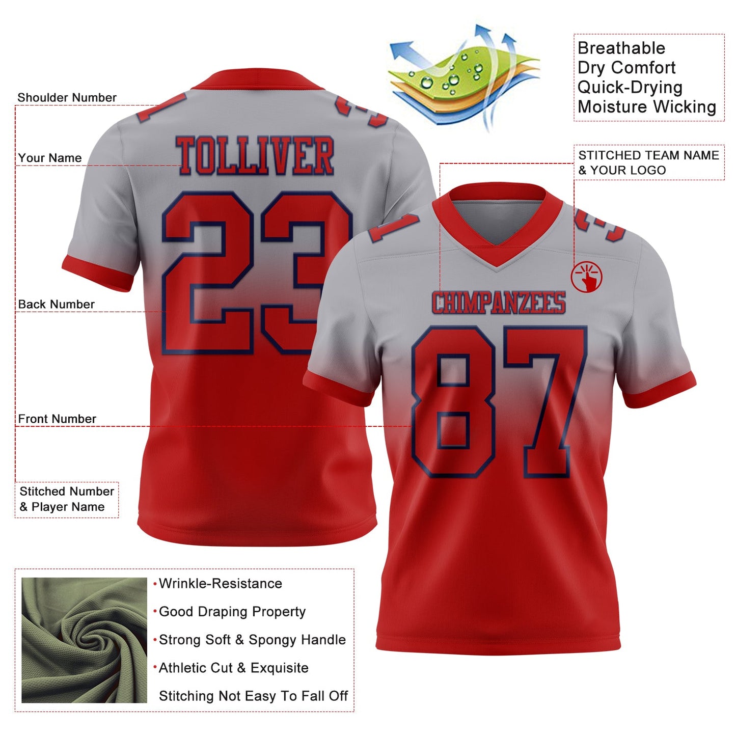 Custom Gray Red-Navy Mesh Authentic Fade Fashion Football Jersey - Sky-Custom