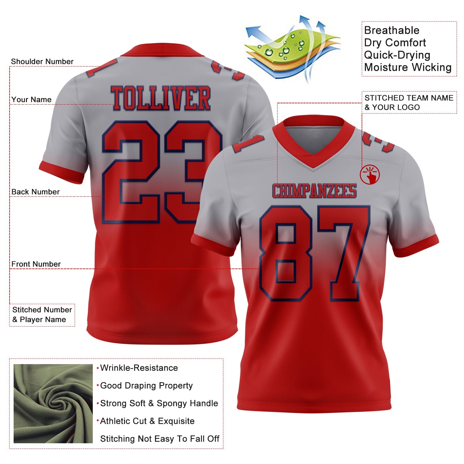 Custom Gray Red-Navy Mesh Authentic Fade Fashion Football Jersey - Sky-Custom