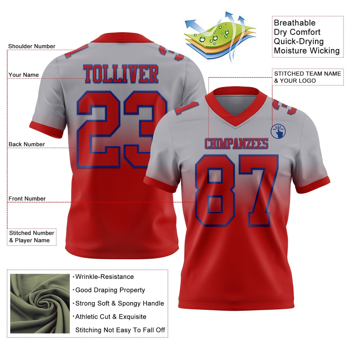 Custom Gray Red-Royal Mesh Authentic Fade Fashion Football Jersey - Sky-Custom