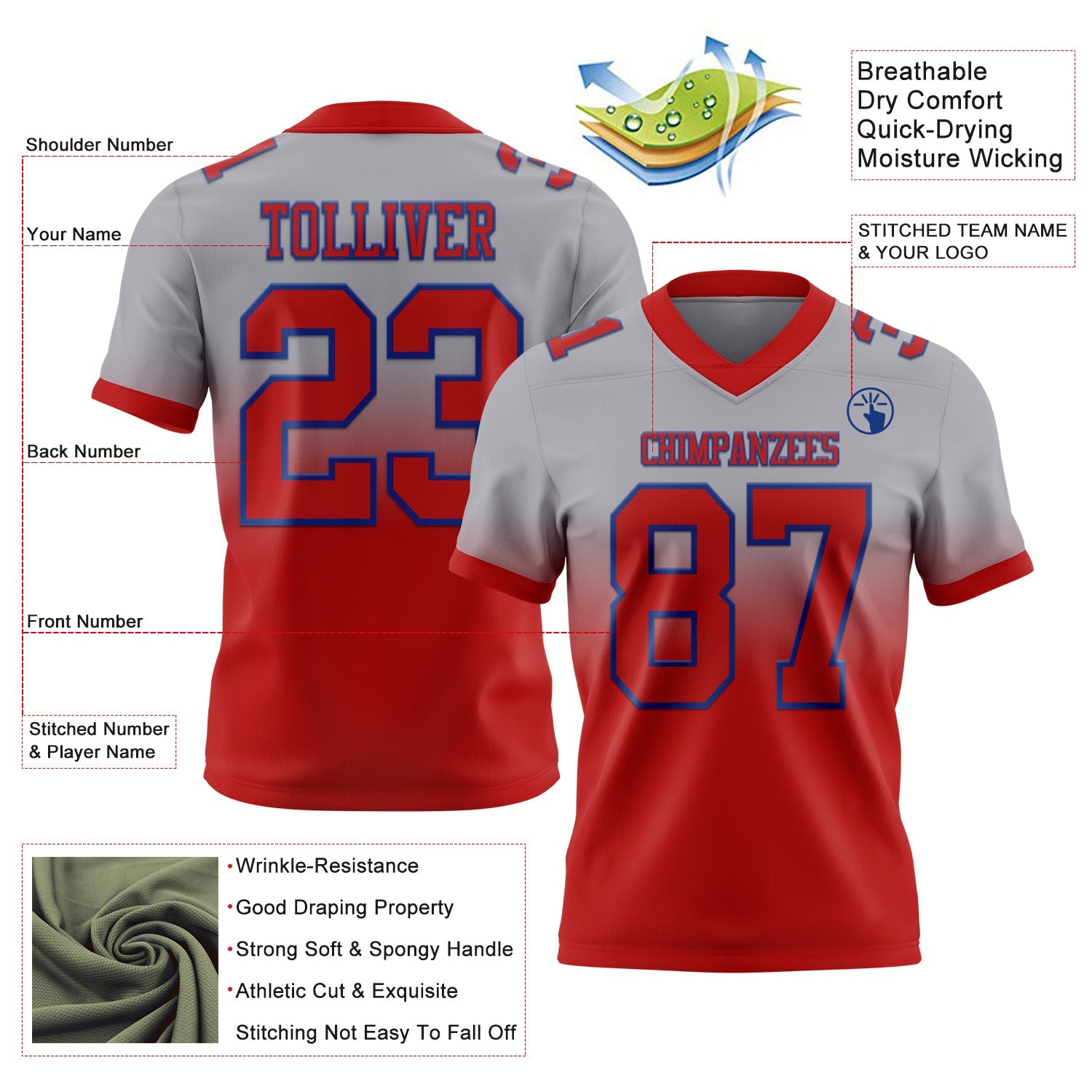 Custom Gray Red-Royal Mesh Authentic Fade Fashion Football Jersey - Sky-Custom