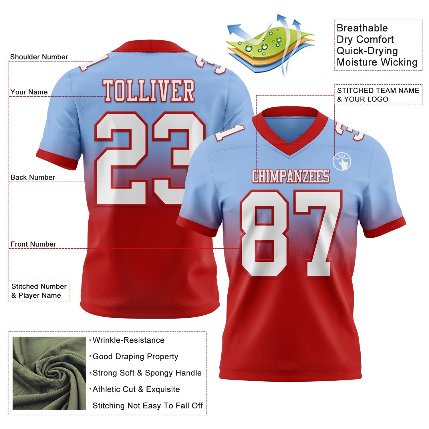 Custom Light Blue White-Red Mesh Authentic Fade Fashion Football Jersey - Sky-Custom