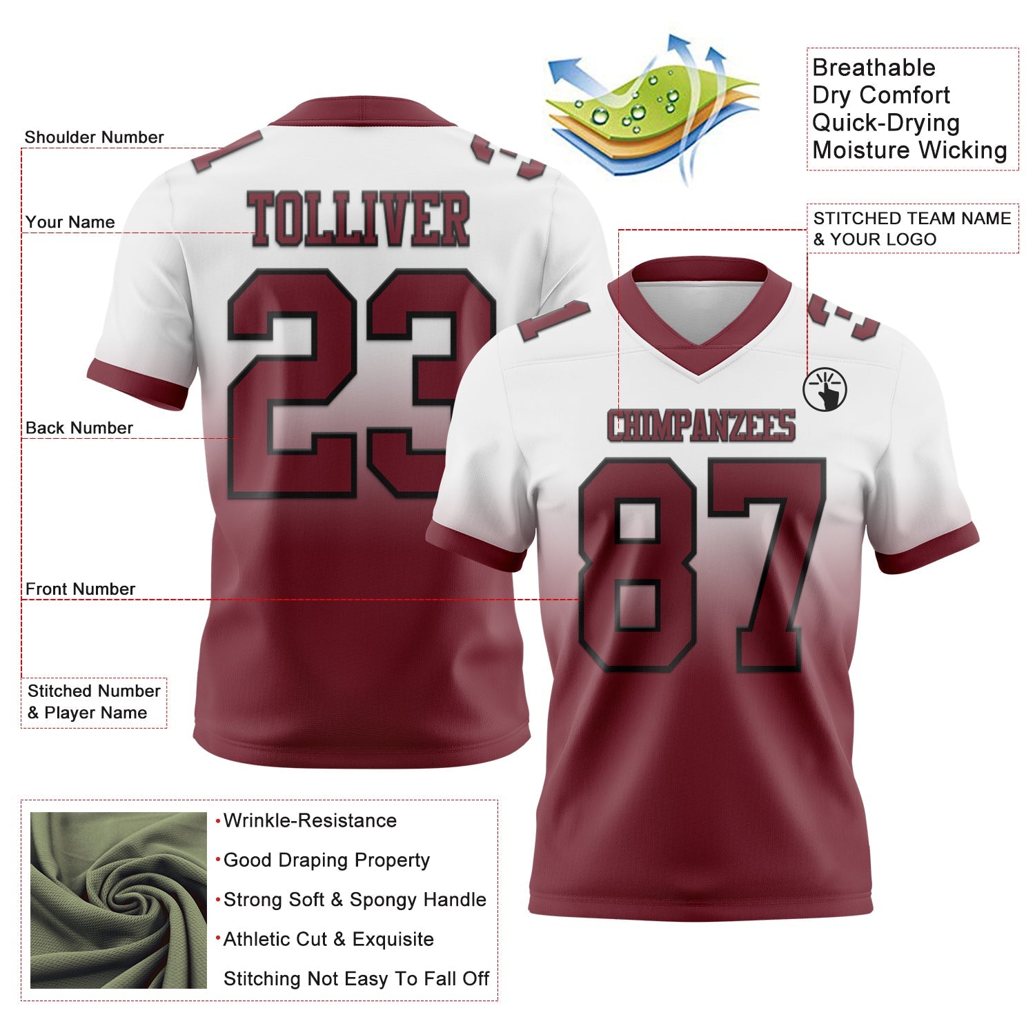 Custom White Burgundy-Black Mesh Authentic Fade Fashion Football Jersey - Sky-Custom