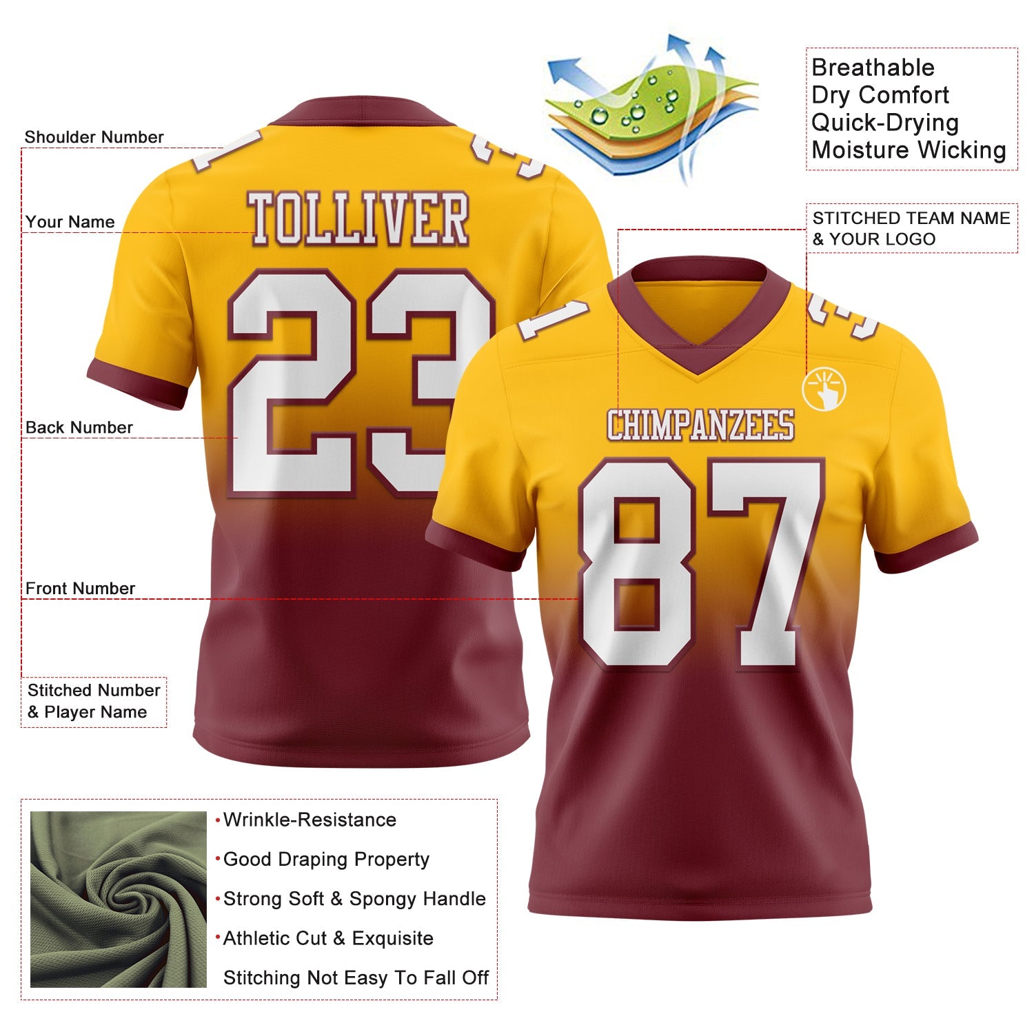 Custom Gold White-Burgundy Mesh Authentic Fade Fashion Football Jersey - Sky-Custom