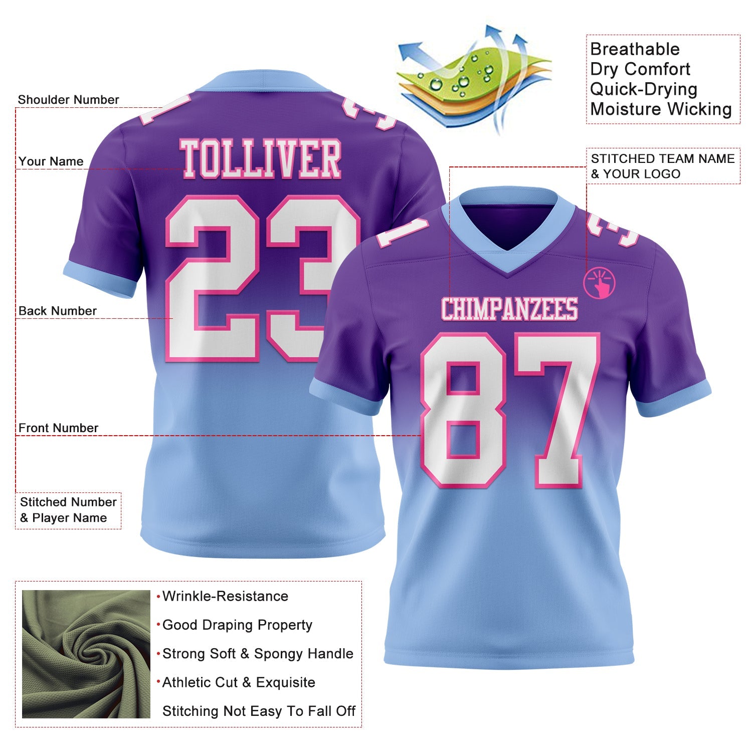 Custom Purple White Light Blue-Pink Mesh Authentic Fade Fashion Football Jersey - Sky-Custom