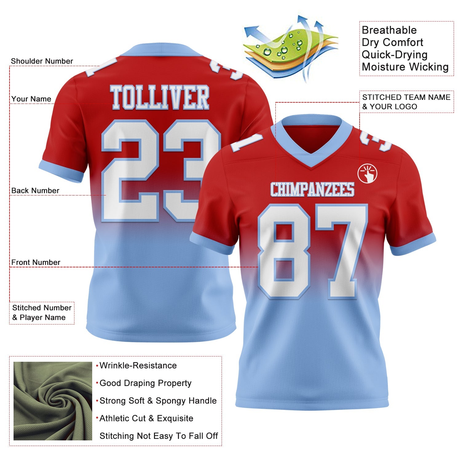 Custom Red White-Light Blue Mesh Authentic Fade Fashion Football Jersey - Sky-Custom