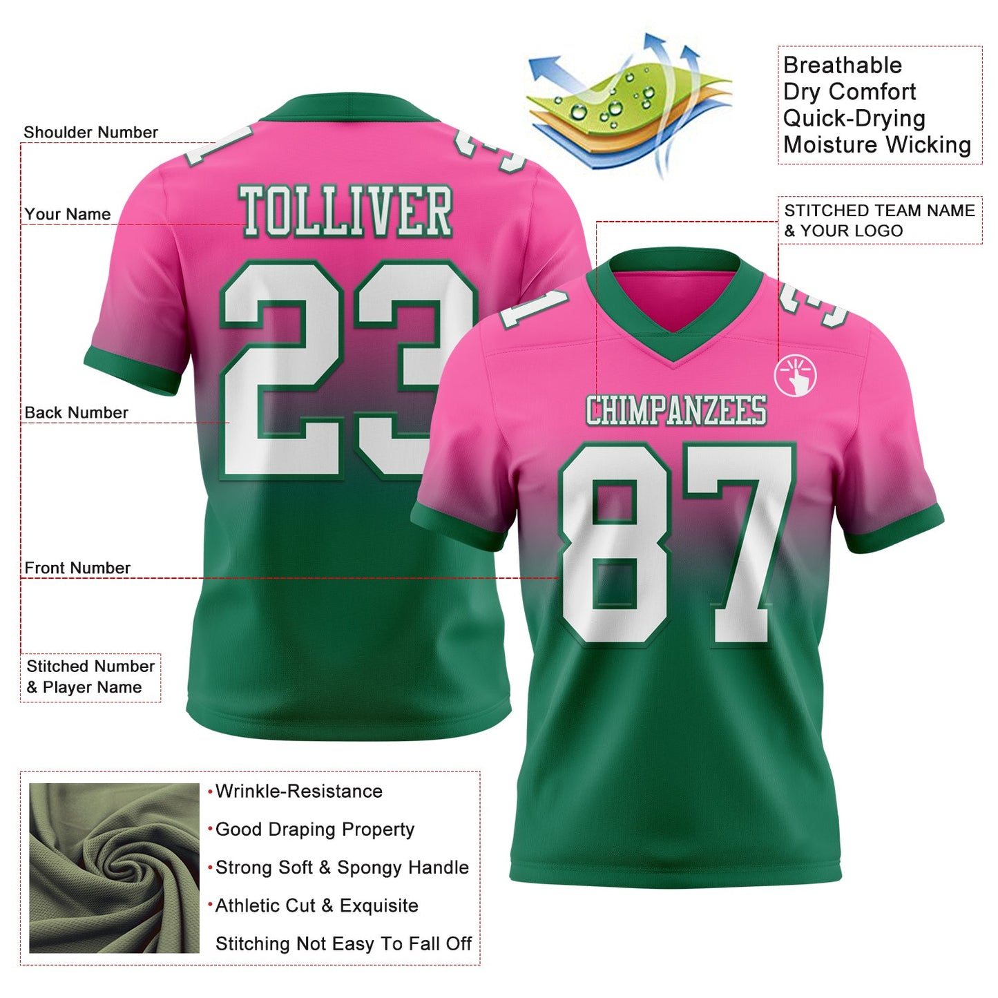 Custom Pink White-Kelly Green Mesh Authentic Fade Fashion Football Jersey - Sky-Custom