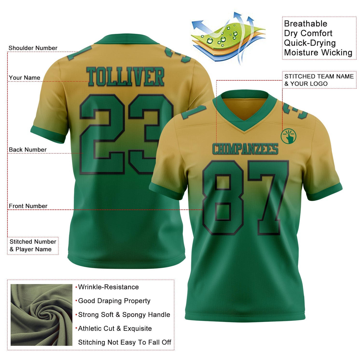 Custom Old Gold Kelly Green-Black Mesh Authentic Fade Fashion Football Jersey - Sky-Custom