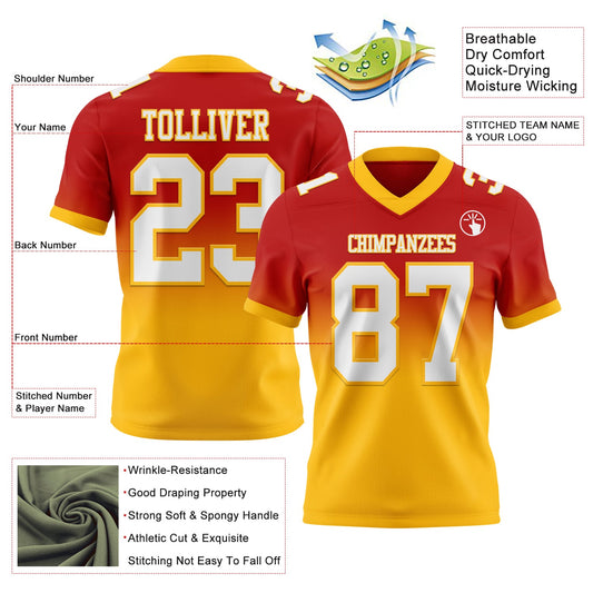 Custom Red White-Gold Mesh Authentic Fade Fashion Football Jersey - Sky-Custom