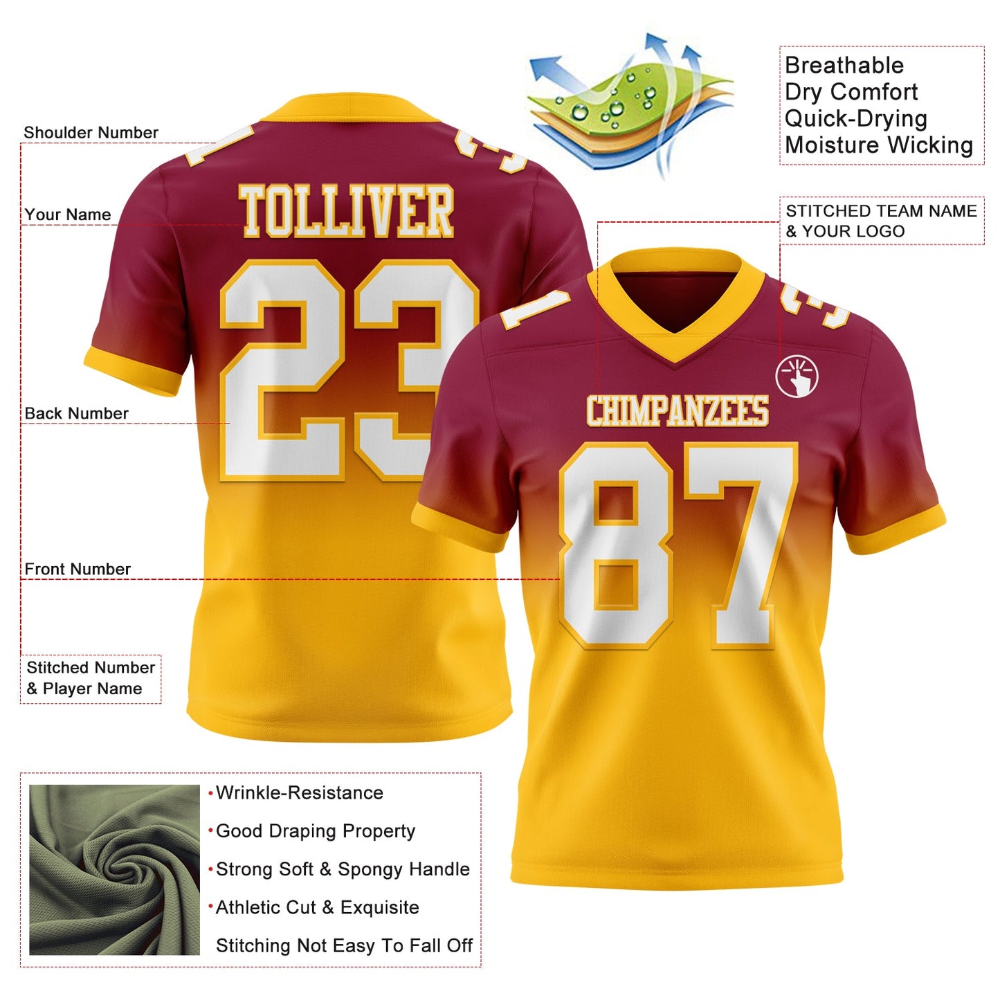 Custom Maroon White-Gold Mesh Authentic Fade Fashion Football Jersey - Sky-Custom