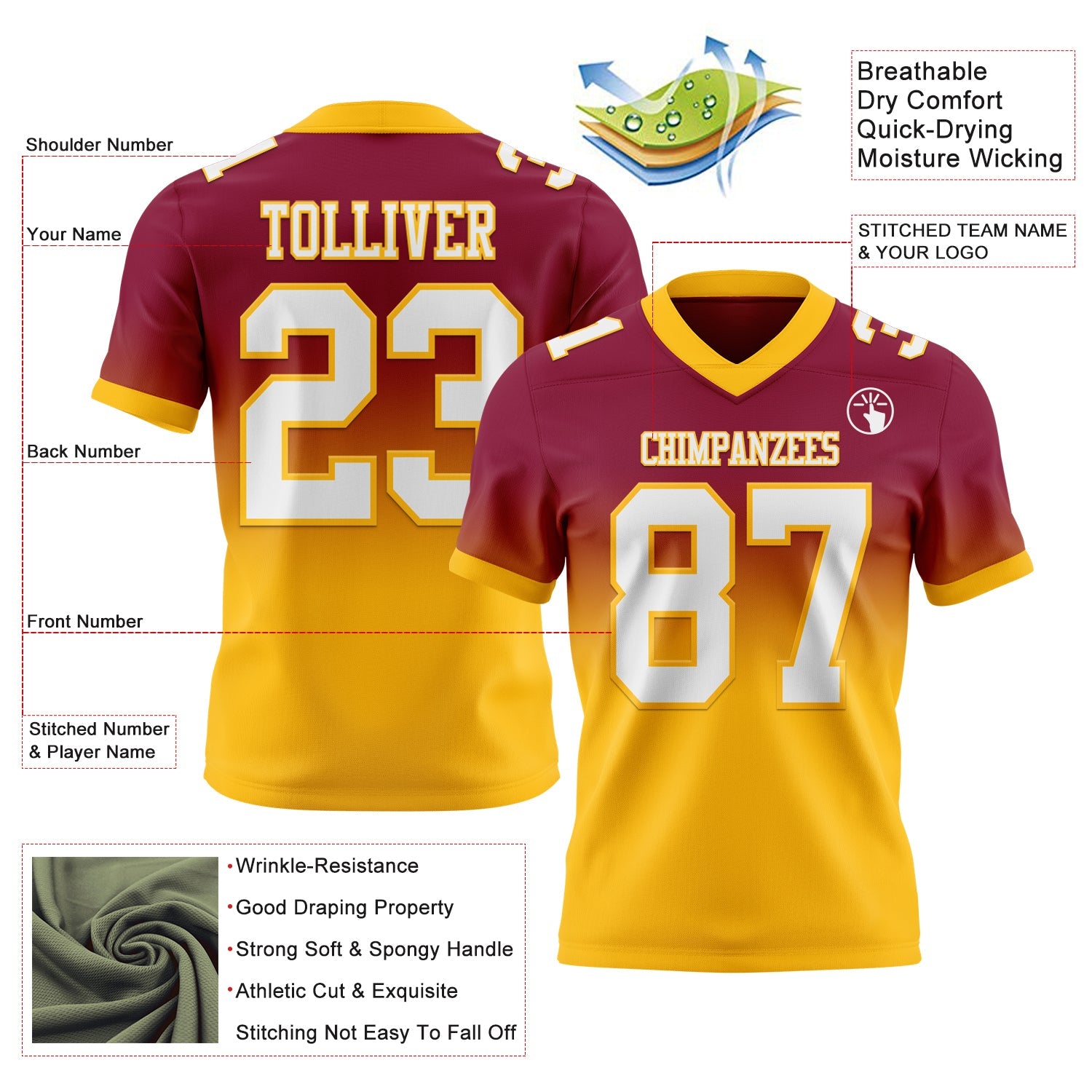 Custom Maroon White-Gold Mesh Authentic Fade Fashion Football Jersey - Sky-Custom