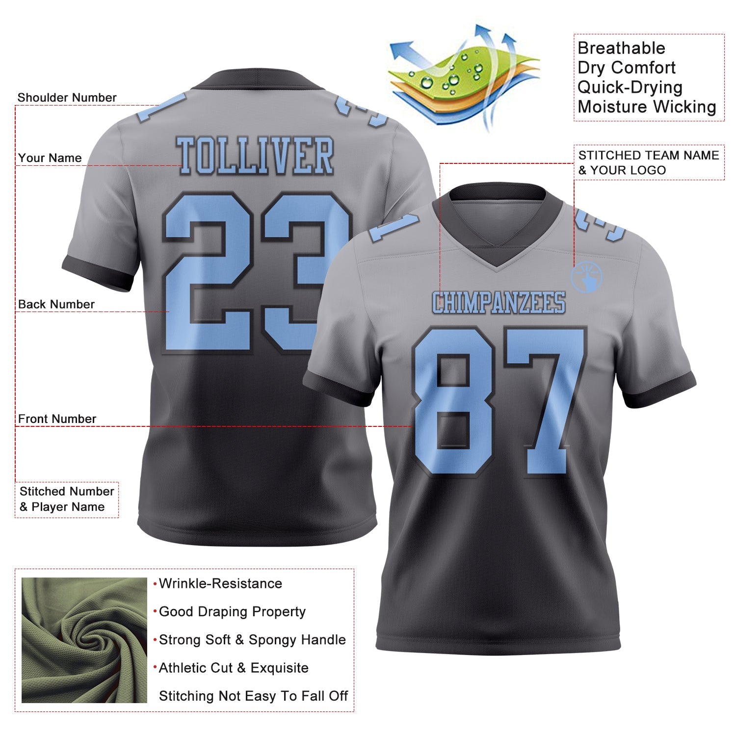 Custom Gray Light Blue-Steel Gray Mesh Authentic Fade Fashion Football Jersey - Sky-Custom