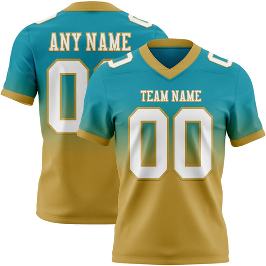 Custom Teal White-Old Gold Mesh Authentic Fade Fashion Football Jersey - Sky-Custom