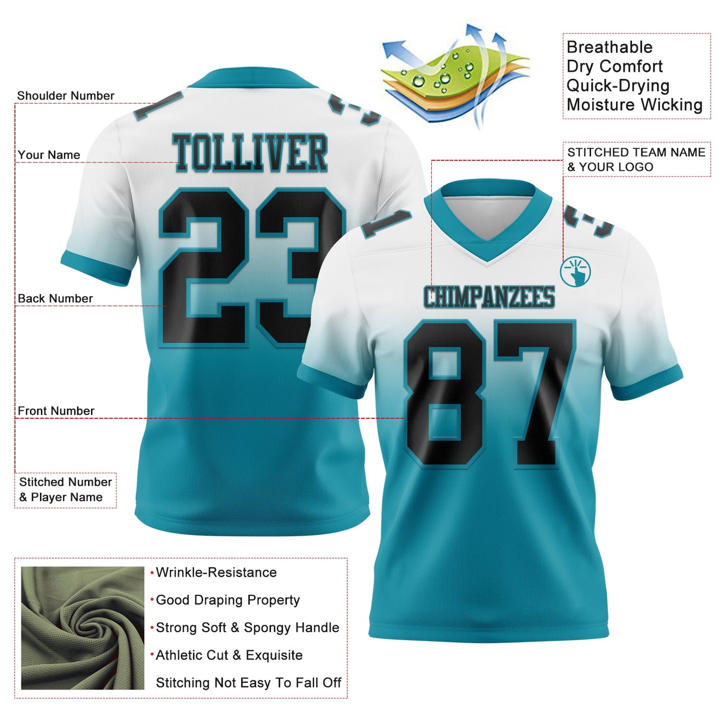 Custom White Black-Teal Mesh Authentic Fade Fashion Football Jersey - Sky-Custom