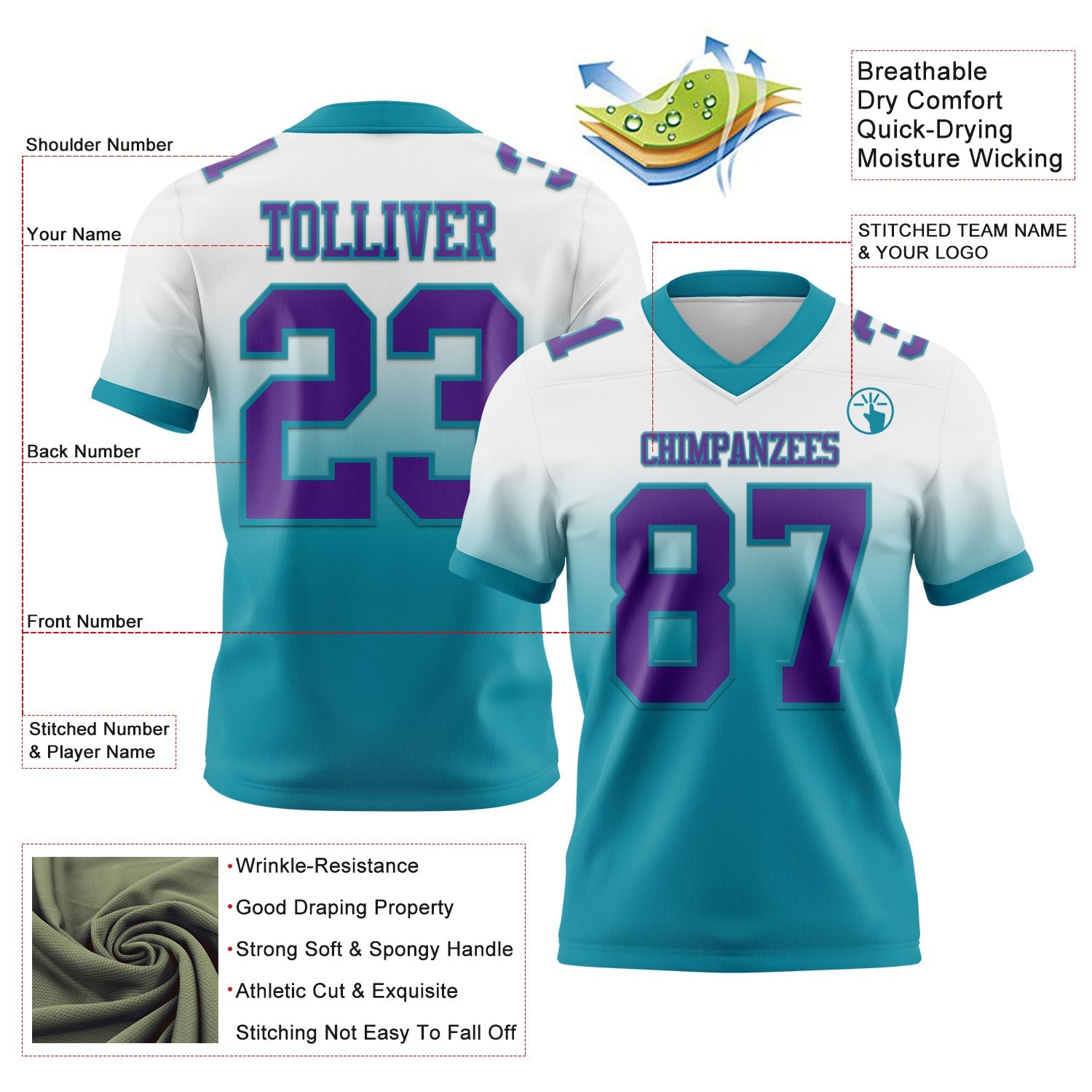 Custom White Purple-Teal Mesh Authentic Fade Fashion Football Jersey - Sky-Custom