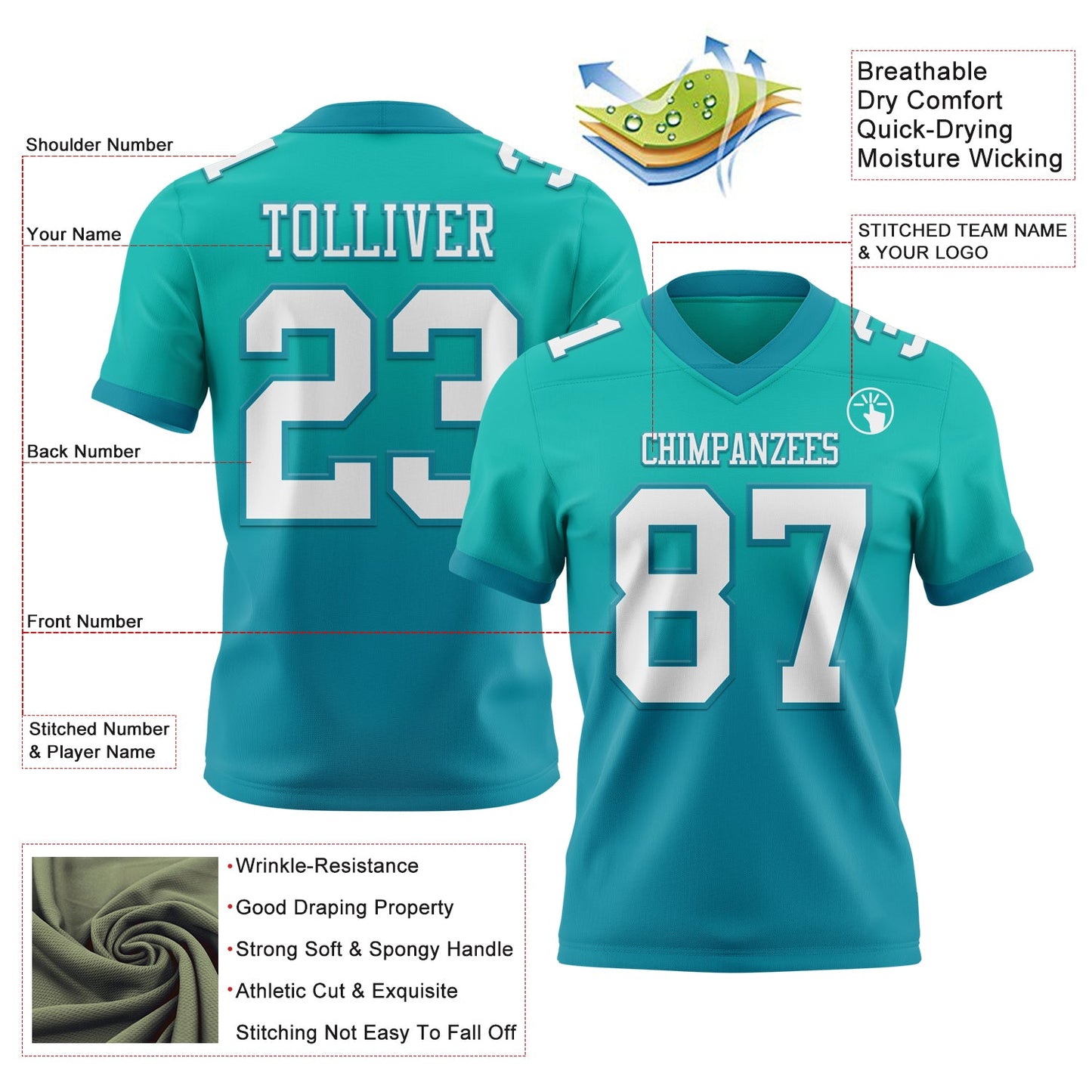 Custom Aqua White-Teal Mesh Authentic Fade Fashion Football Jersey - Sky-Custom