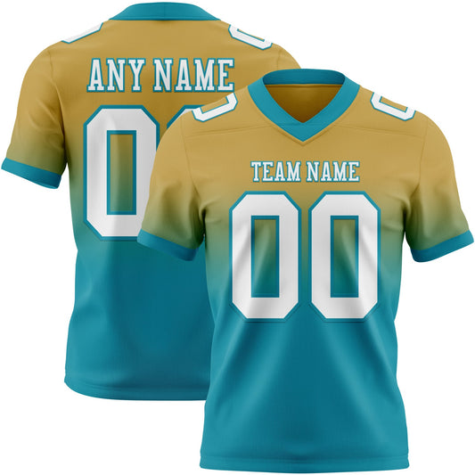 Custom Old Gold White-Teal Mesh Authentic Fade Fashion Football Jersey - Sky-Custom