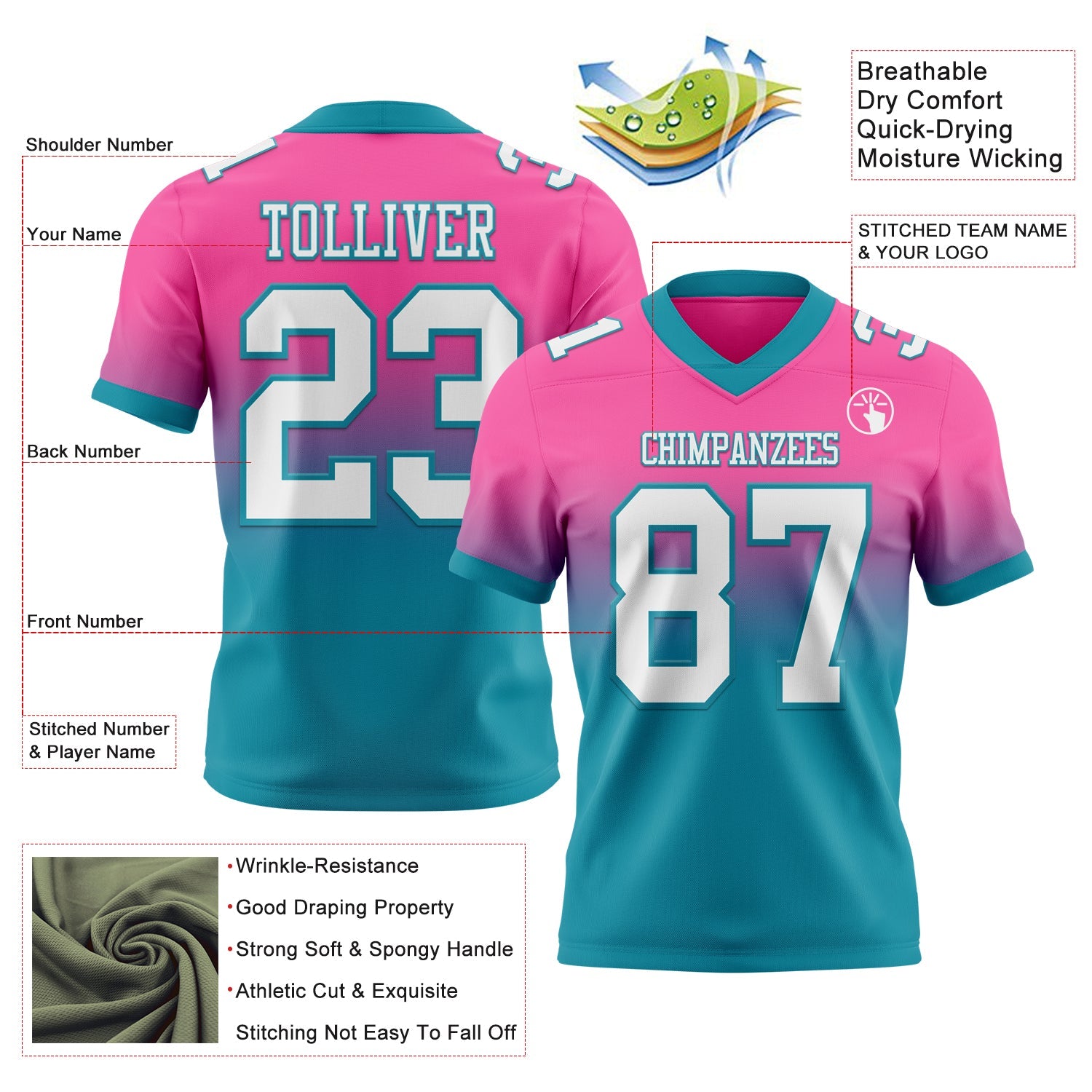 Custom Pink White-Teal Mesh Authentic Fade Fashion Football Jersey - Sky-Custom