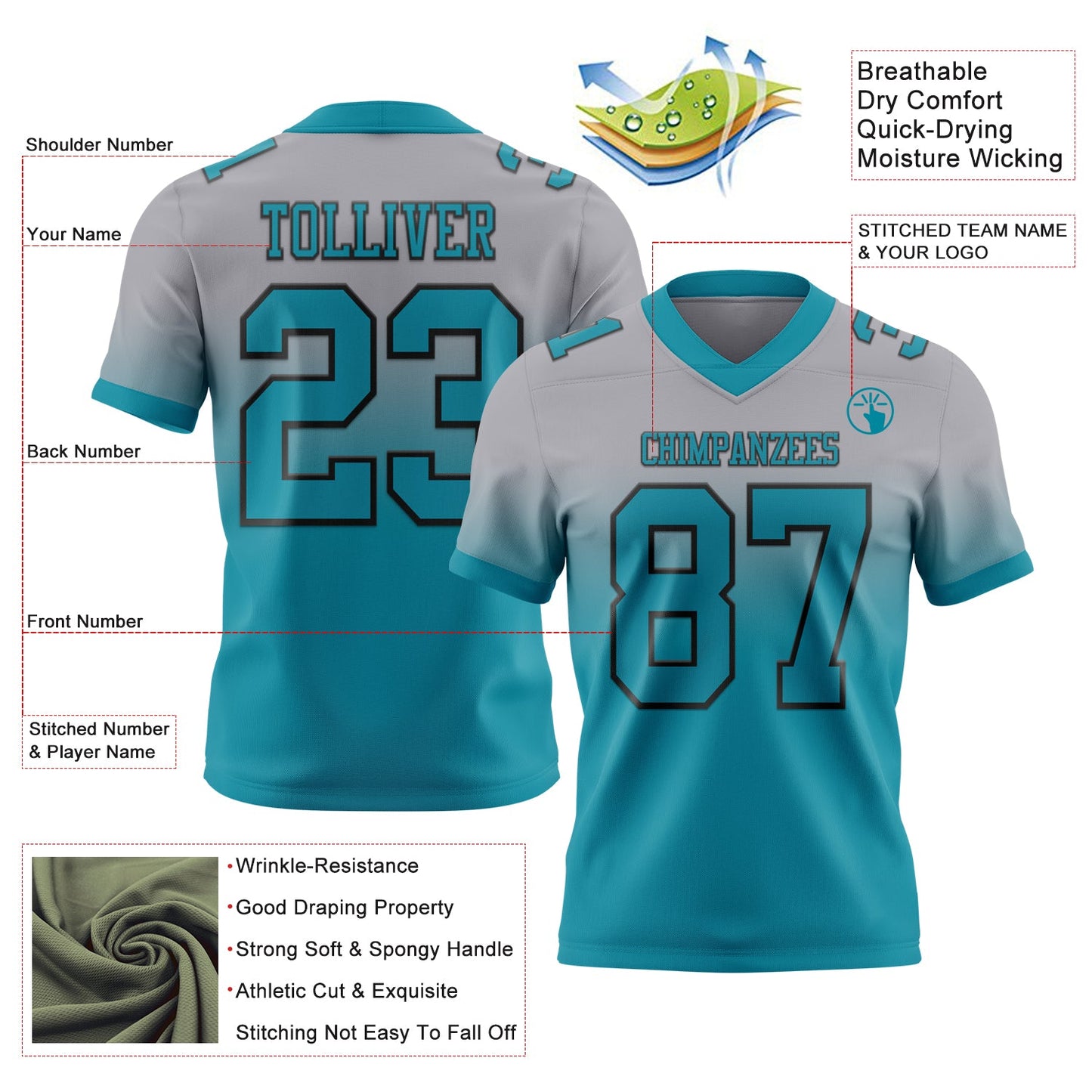 Custom Gray Teal-Black Mesh Authentic Fade Fashion Football Jersey - Sky-Custom