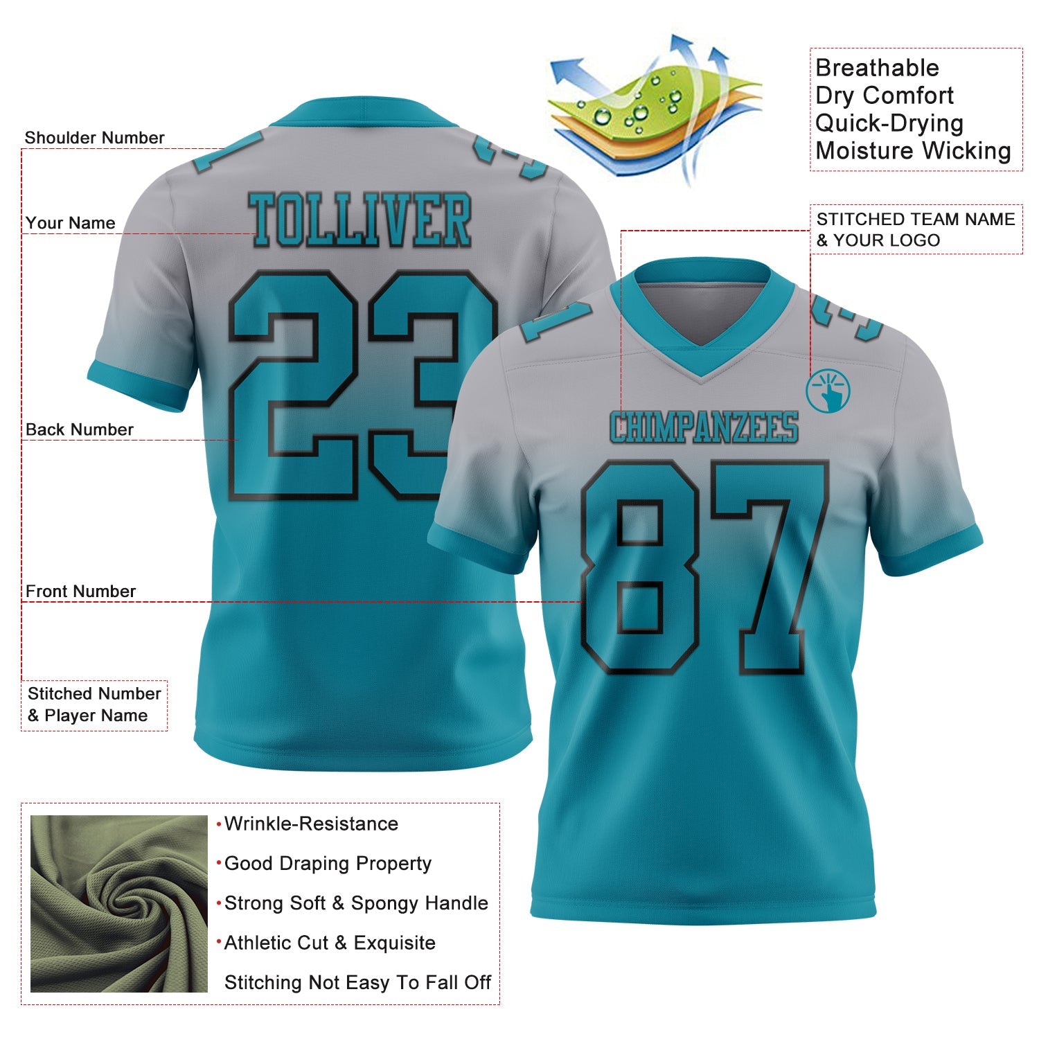 Custom Gray Teal-Black Mesh Authentic Fade Fashion Football Jersey - Sky-Custom