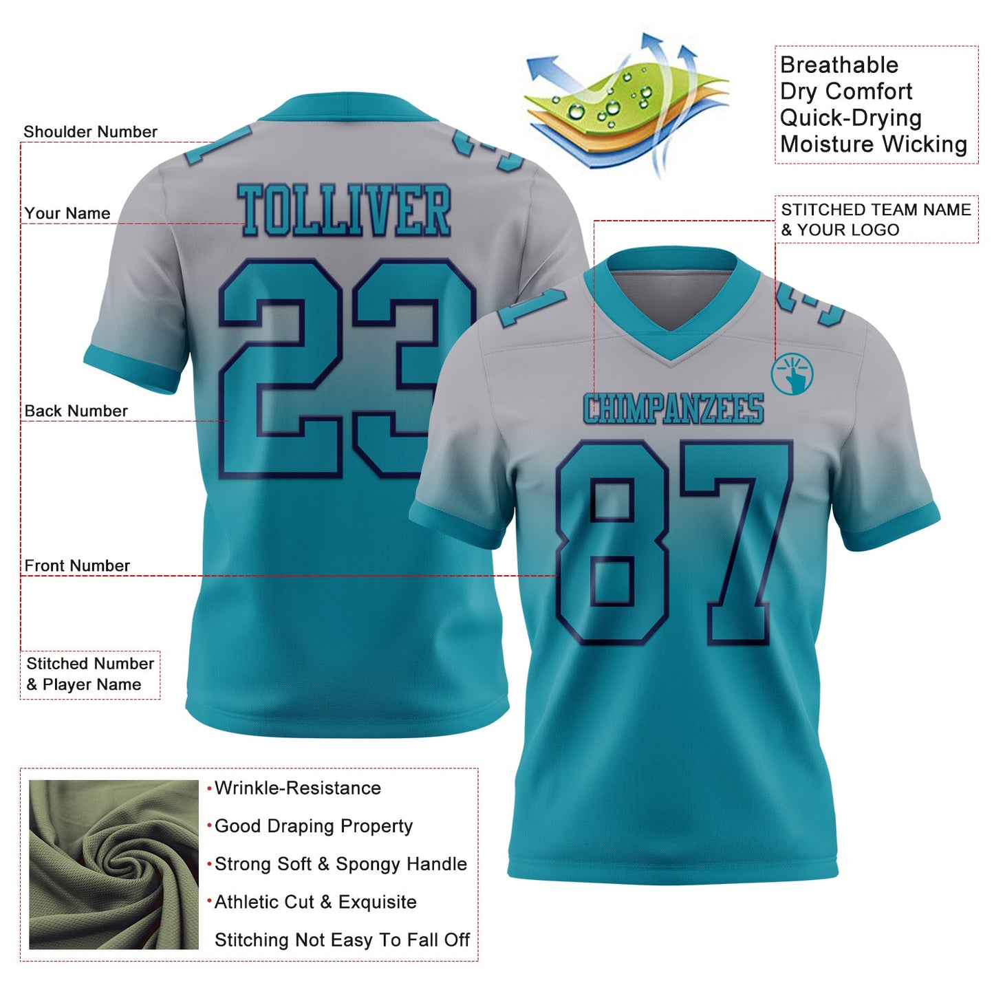 Custom Gray Teal-Navy Mesh Authentic Fade Fashion Football Jersey - Sky-Custom