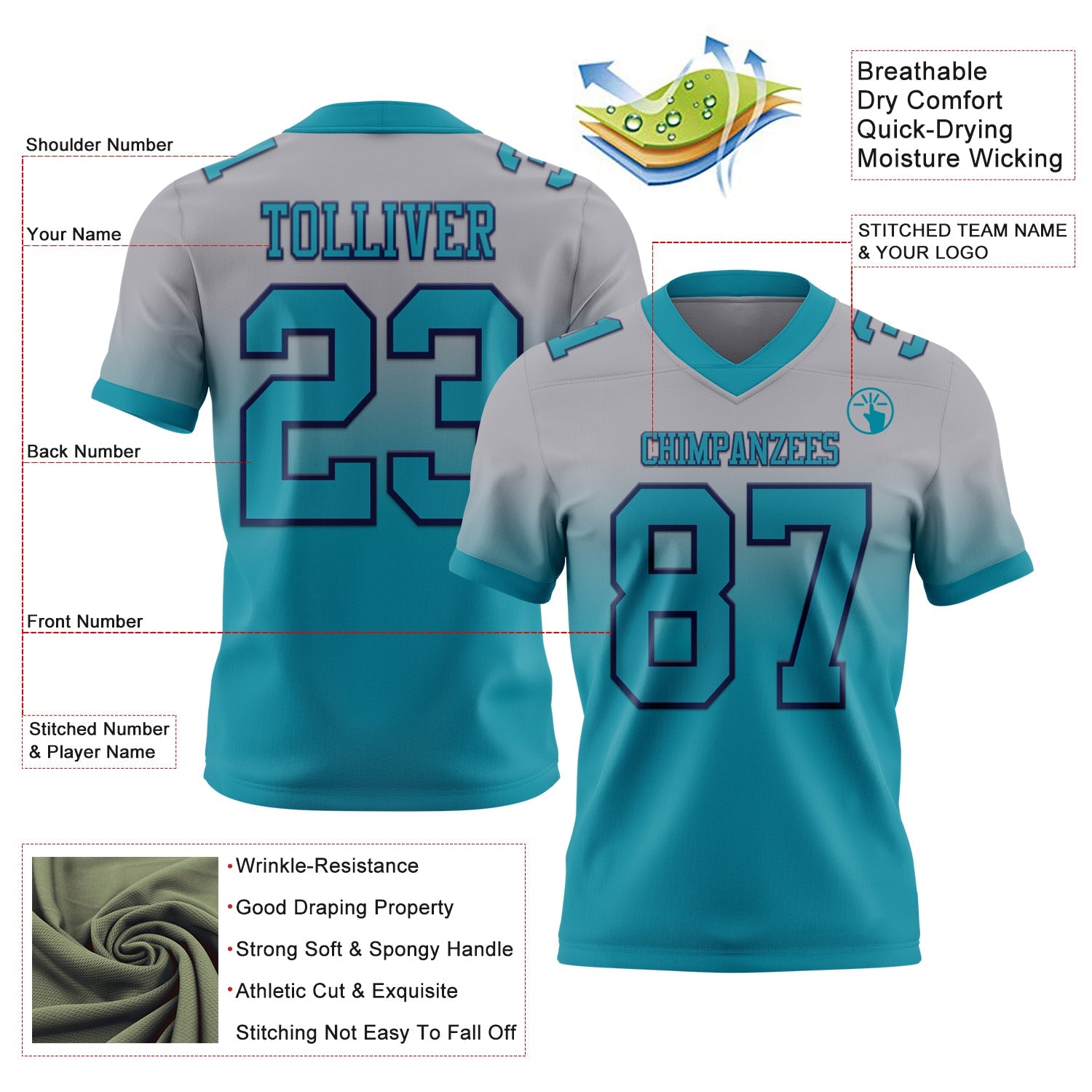 Custom Gray Teal-Navy Mesh Authentic Fade Fashion Football Jersey - Sky-Custom