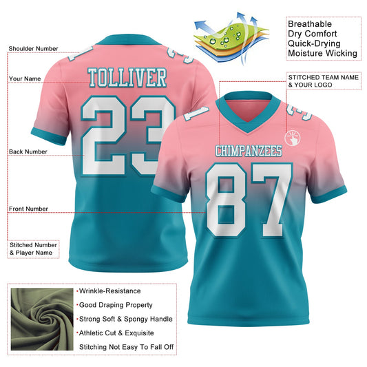 Custom Medium Pink White-Teal Mesh Authentic Fade Fashion Football Jersey - Sky-Custom