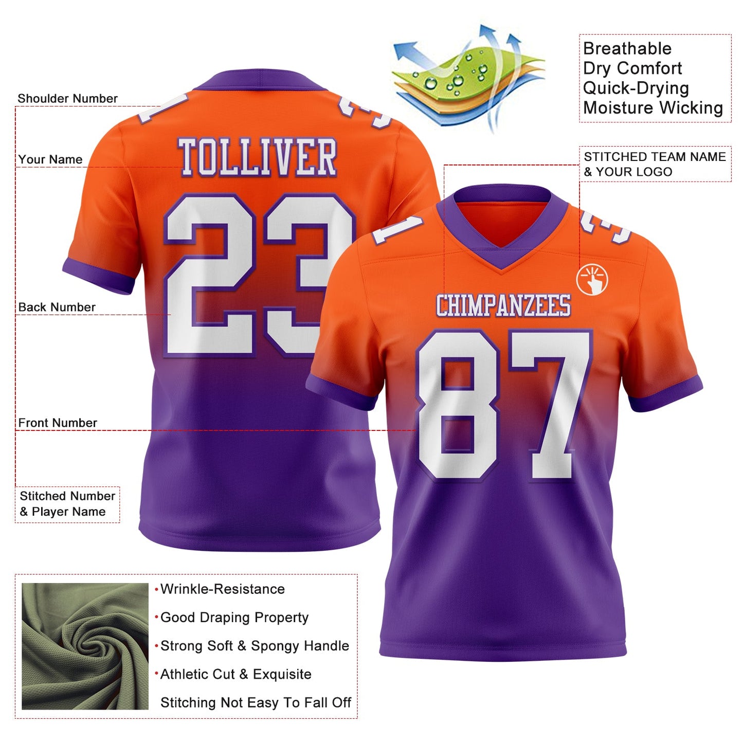 Custom Orange White-Purple Mesh Authentic Fade Fashion Football Jersey - Sky-Custom