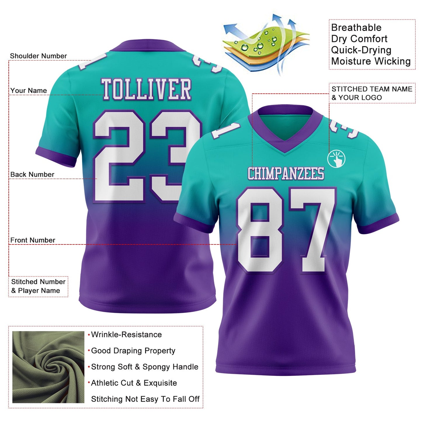 Custom Aqua White-Purple Mesh Authentic Fade Fashion Football Jersey - Sky-Custom