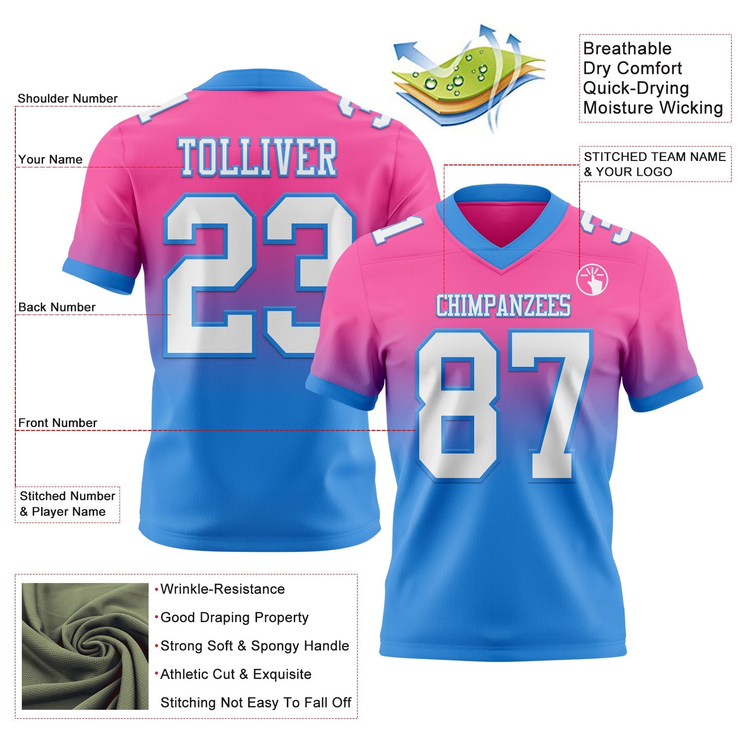 Custom Pink White-Powder Blue Mesh Authentic Fade Fashion Football Jersey - Sky-Custom