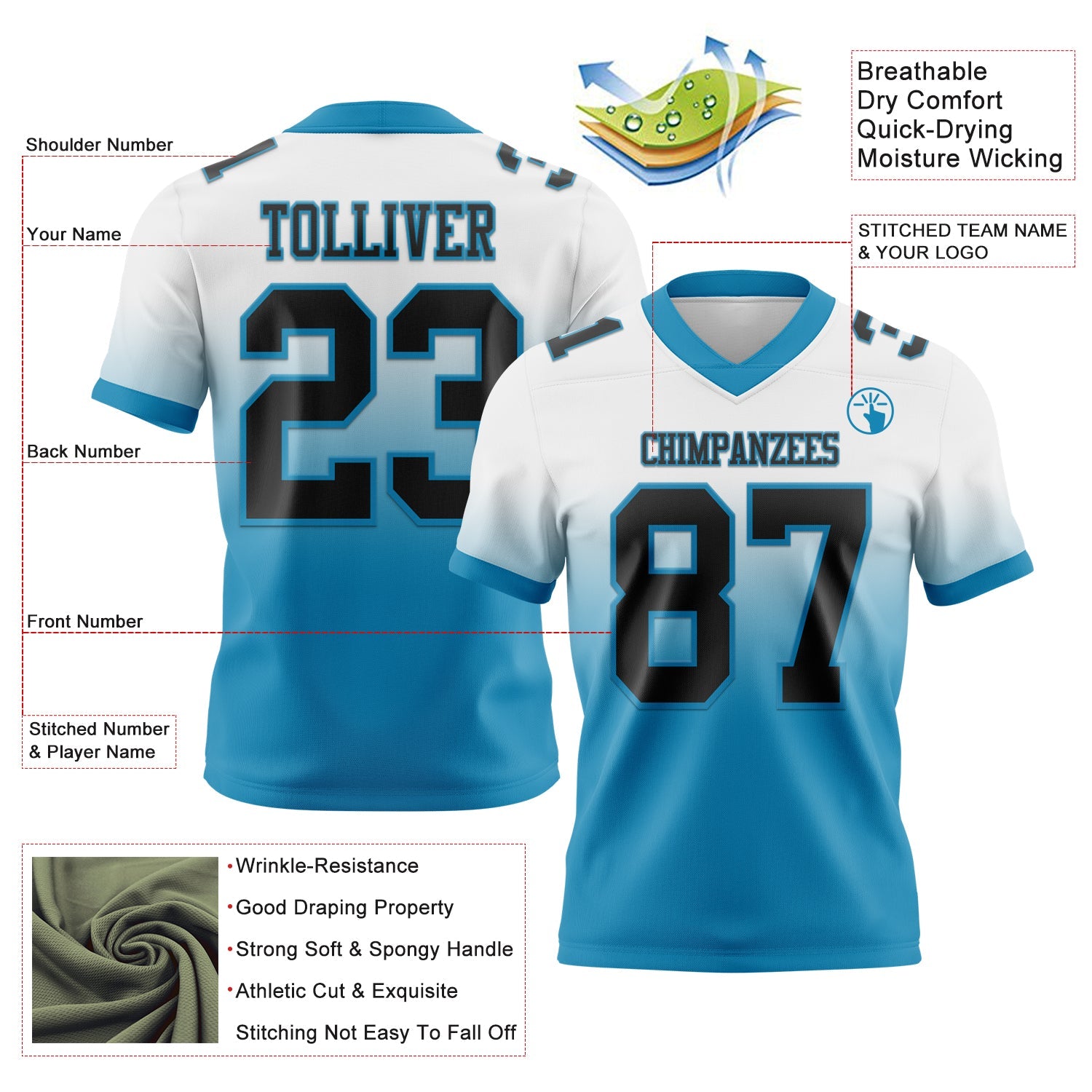 Custom White Black-Panther Blue Mesh Authentic Fade Fashion Football Jersey - Sky-Custom