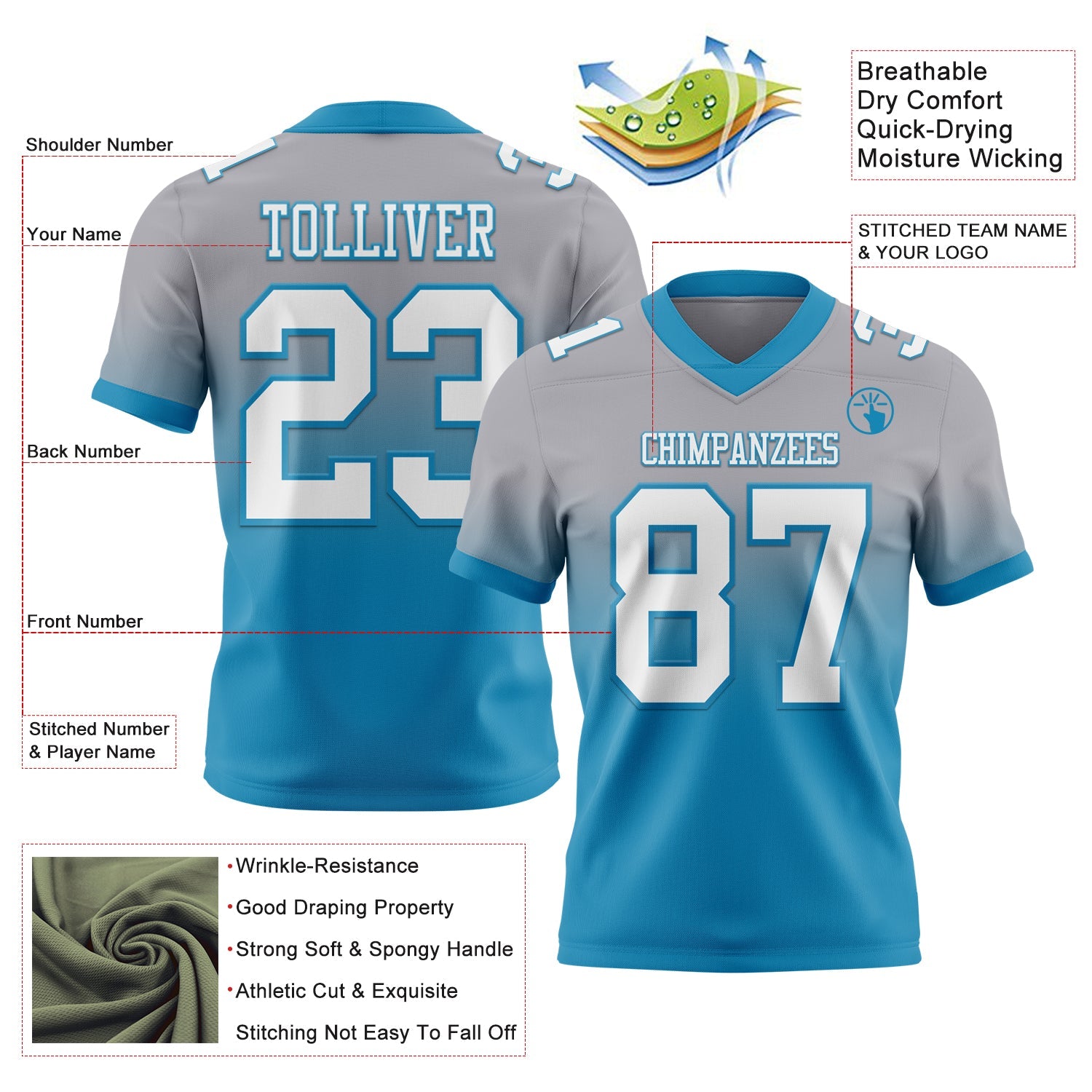 Custom Gray White-Panther Blue Mesh Authentic Fade Fashion Football Jersey - Sky-Custom