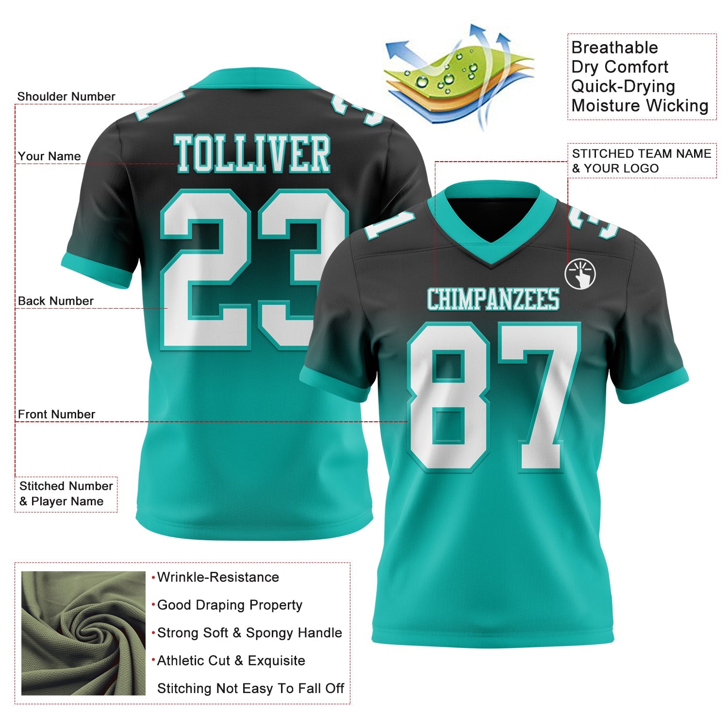 Custom Black White-Aqua Mesh Authentic Fade Fashion Football Jersey - Sky-Custom