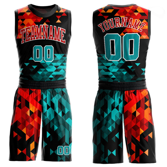 Custom Figure Aqua-Red Round Neck Sublimation Basketball Suit Jersey - Sky-Custom