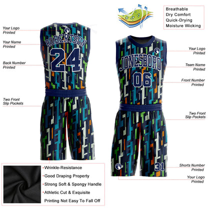 Custom Figure Navy-White Round Neck Sublimation Basketball Suit Jersey - Sky-Custom