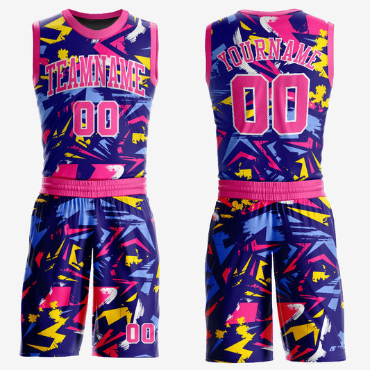 Custom Figure Pink-Gold Music Festival Round Neck Sublimation Basketball Suit Jersey - Sky-Custom