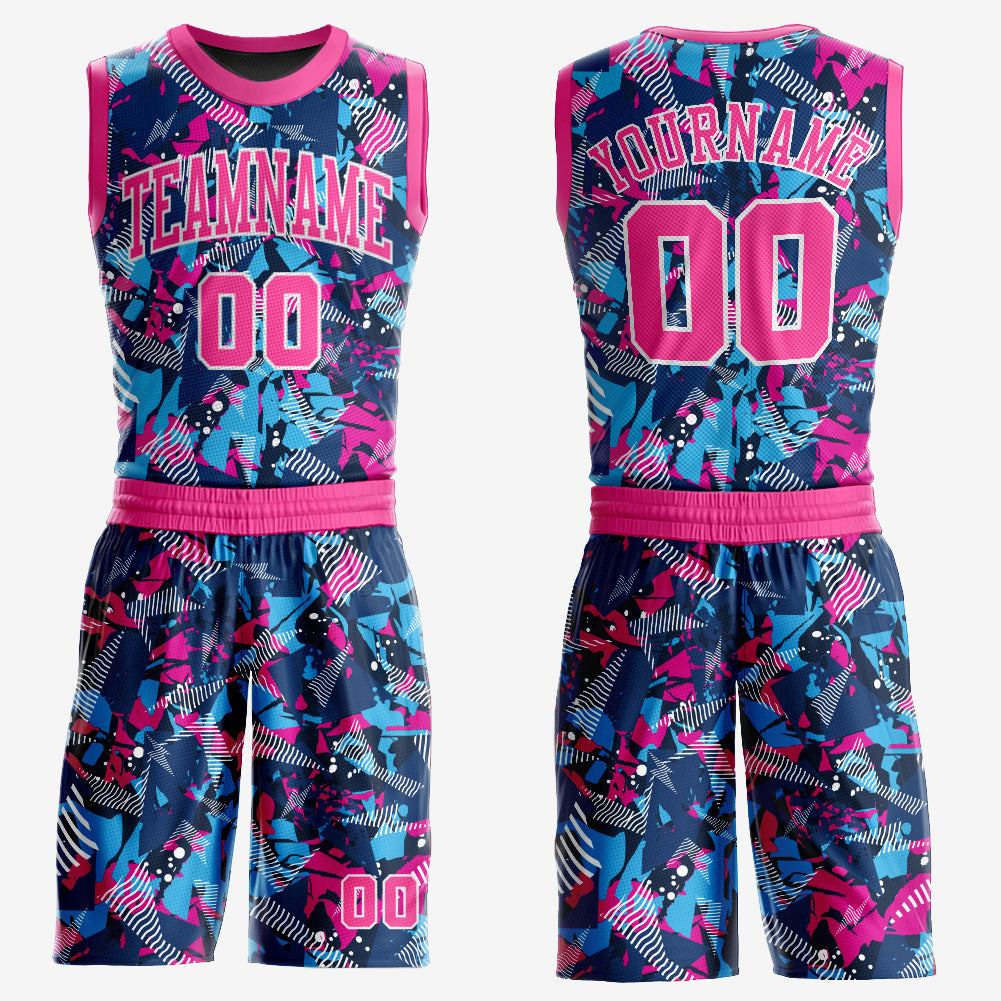 Custom Figure Pink-Light Blue Round Neck Sublimation Basketball Suit Jersey - Sky-Custom