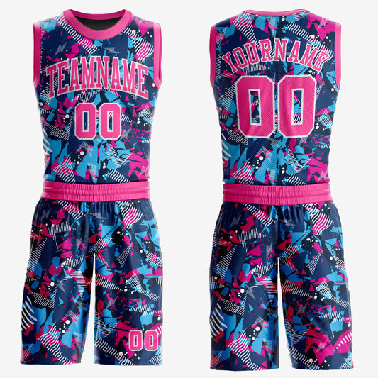 Custom Figure Pink-Light Blue Round Neck Sublimation Basketball Suit Jersey - Sky-Custom