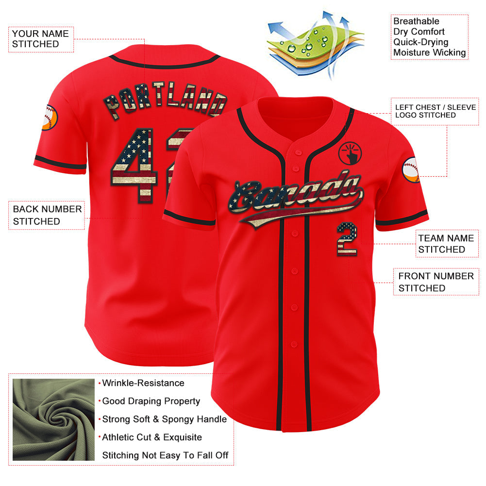 Custom Fire Red Vintage USA Flag-Black Authentic Baseball Jersey - Sky-Custom
