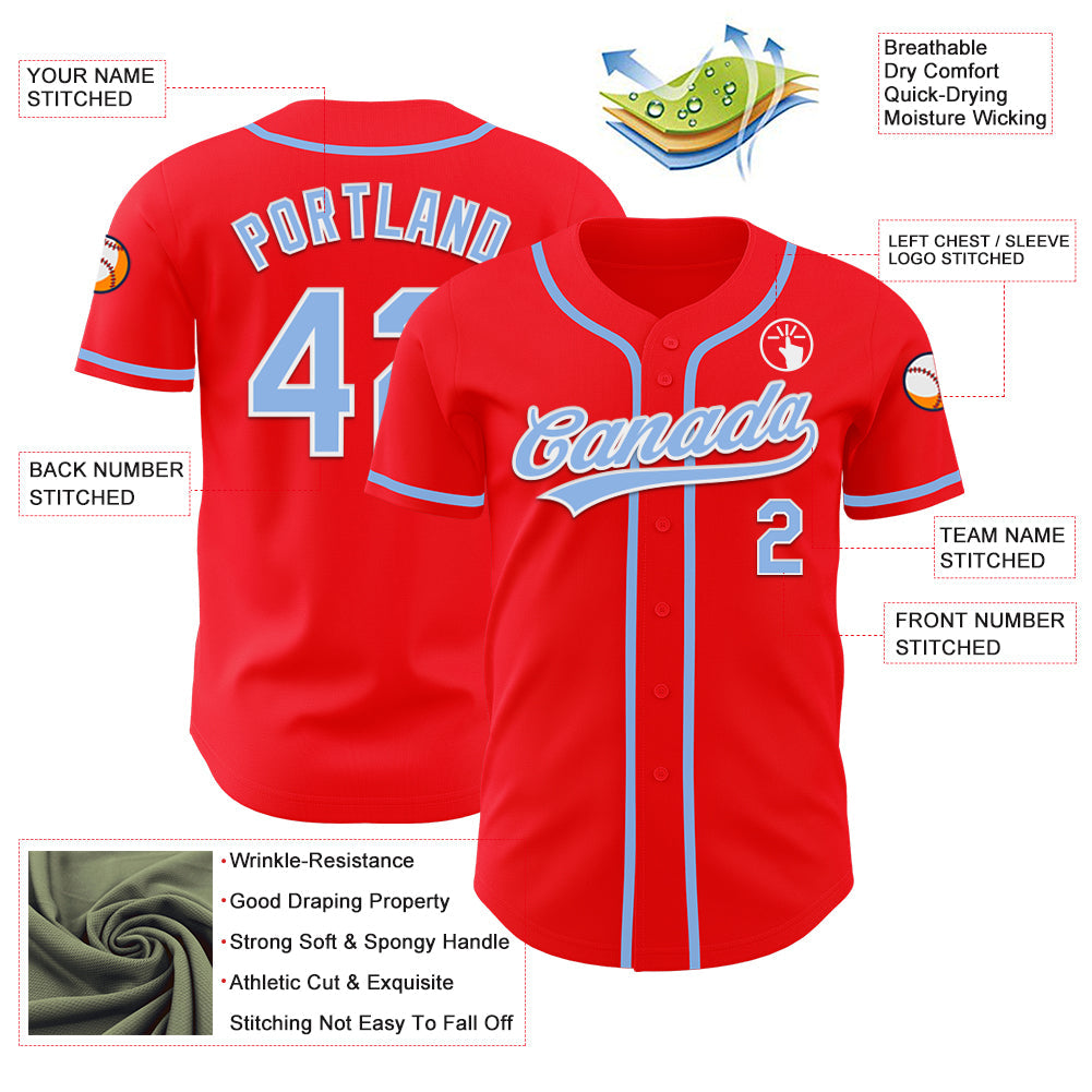 Custom Fire Red Light Blue-White Authentic Baseball Jersey - Sky-Custom