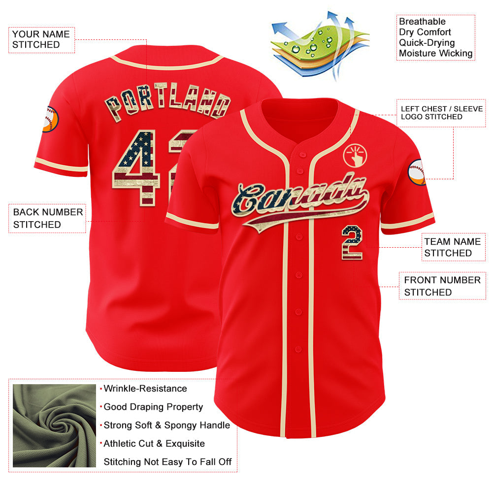 Custom Fire Red Vintage USA Flag-Cream Authentic Baseball Jersey - Sky-Custom