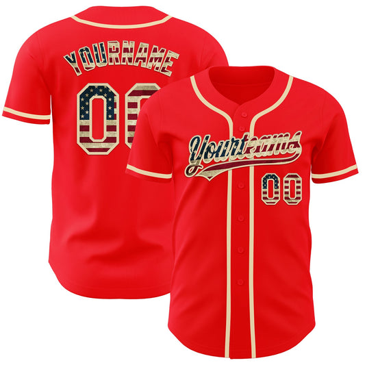 Custom Fire Red Vintage USA Flag-Cream Authentic Baseball Jersey - Sky-Custom
