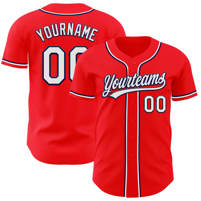 Custom Fire Red White-Navy Authentic Baseball Jersey - Sky-Custom